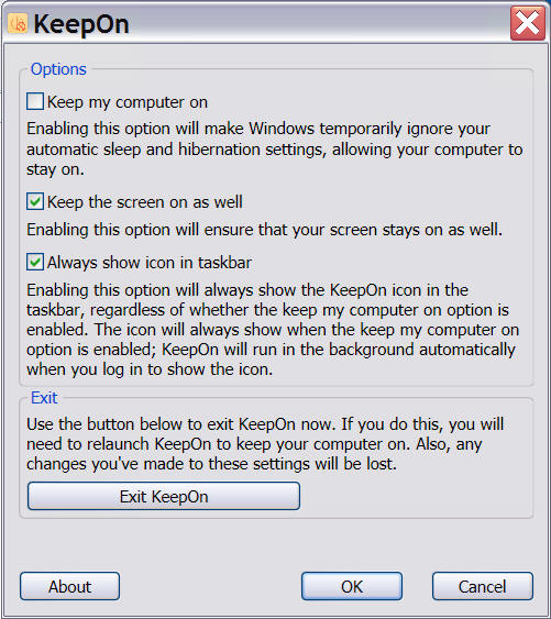 Screenshot of KeepOn's traskbar tray icon on Windows XP